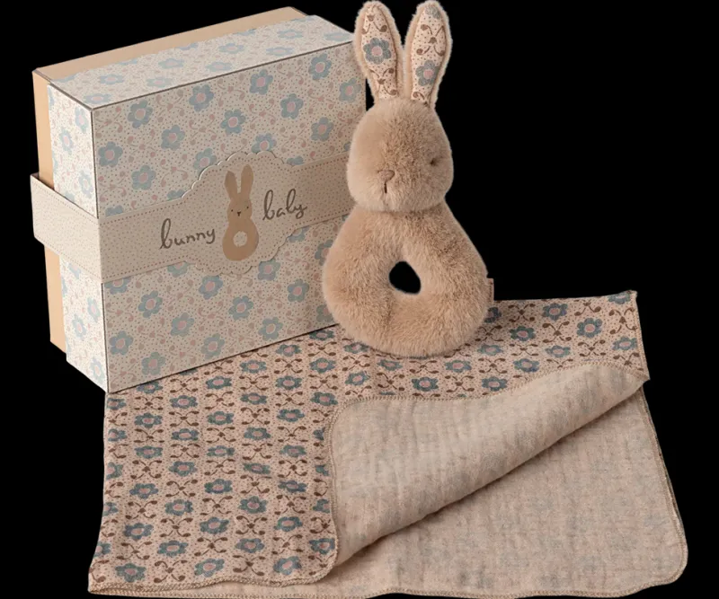 Bunny Rattle & Burp Cloth Set - Cream Peach>Maileg Hot