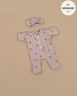11" Doll Clothing | Lili Jumpsuit & Headband in Ribbed Cotton - Little Pink Hearts>Minikane Fashion