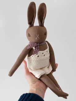 Brown Rabbit in Hand Knit Overalls><noscript><img width=