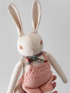 Cream Rabbit in Hand Knit Overalls><noscript><img width=