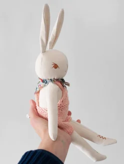 Cream Rabbit in Hand Knit Overalls><noscript><img width=